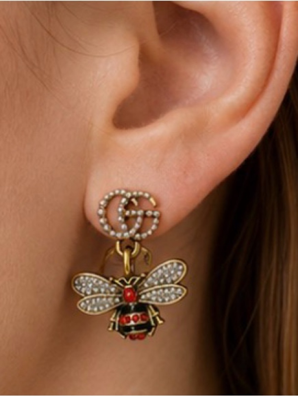 Designer Inspired Pearl Bee Drop Earrings Gold Red Rhinestone - Picture 5 of 6